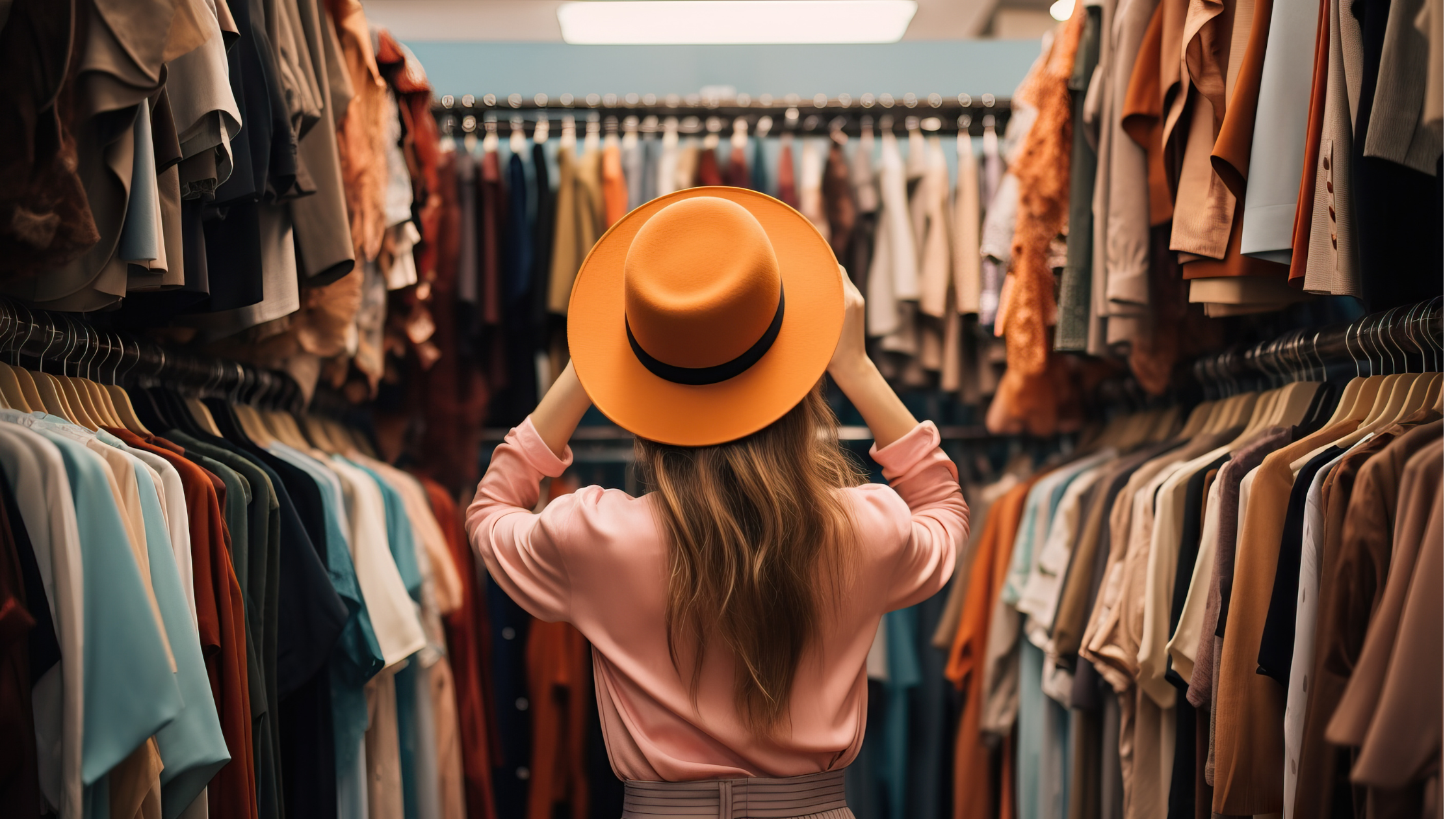 Woman looking into wardrobe of clothes